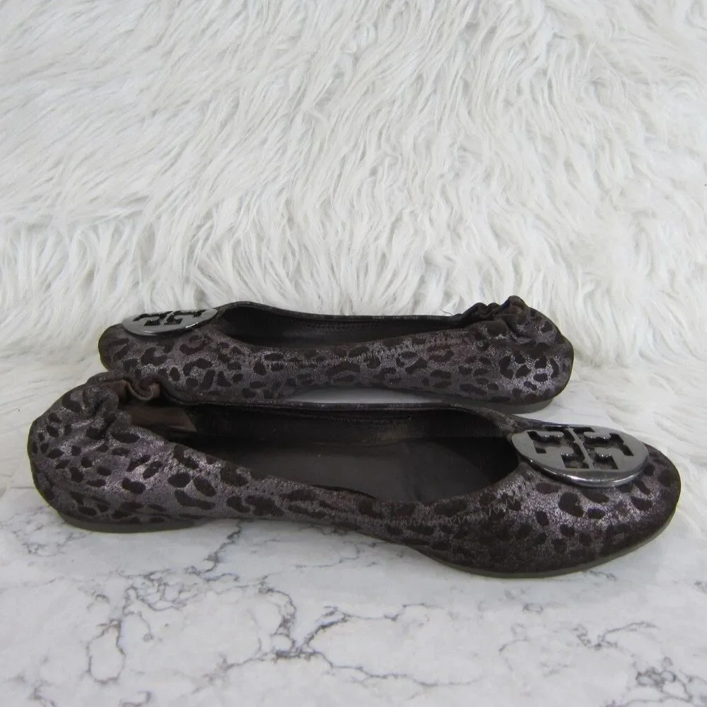 Tory Burch Reva Flats Iridescent Leopard Print Brown Silver Size US 9